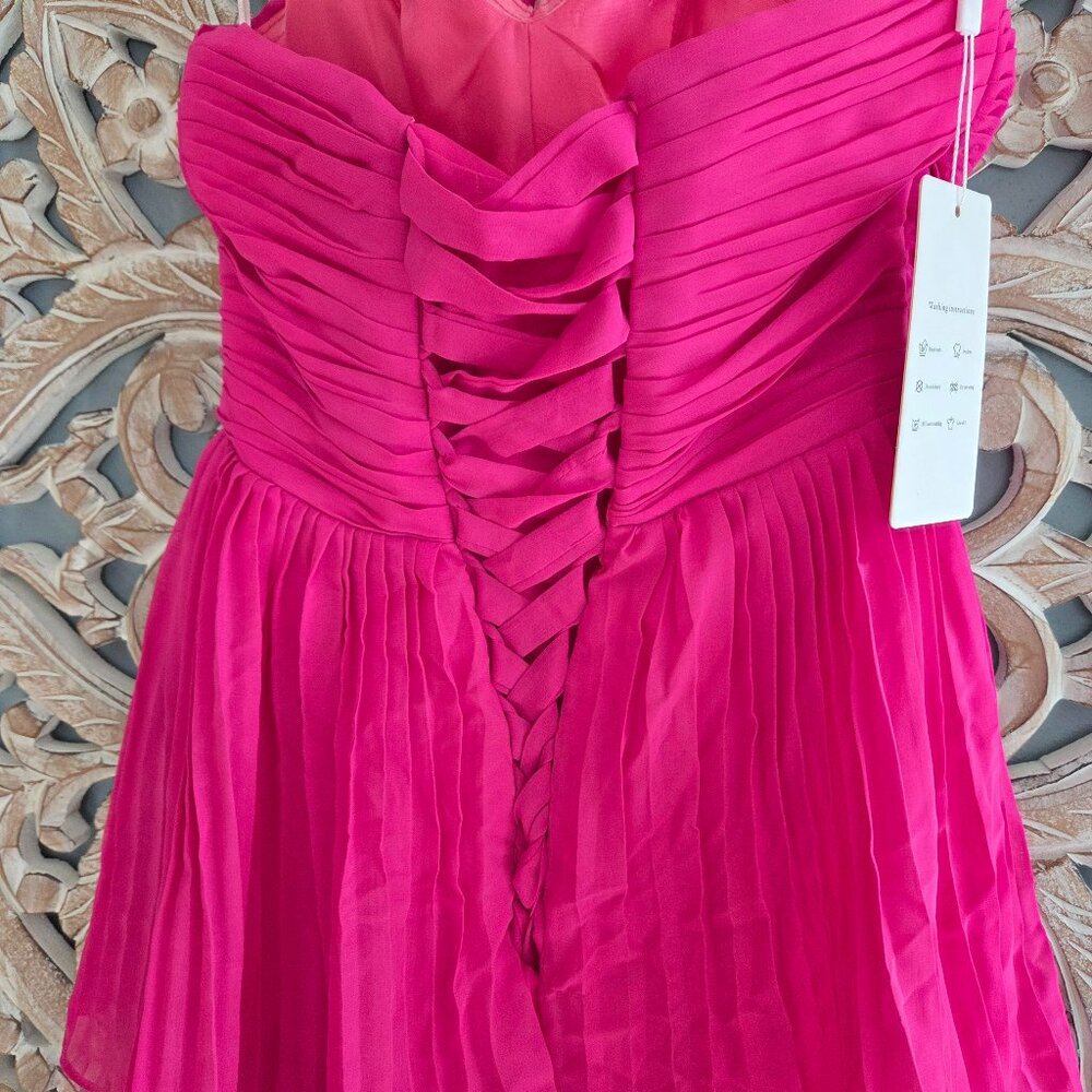 Pink Chiffon strapless Pleated A-line Tiered Maxi Prom Dress Size 2 - Picture 3 of 9